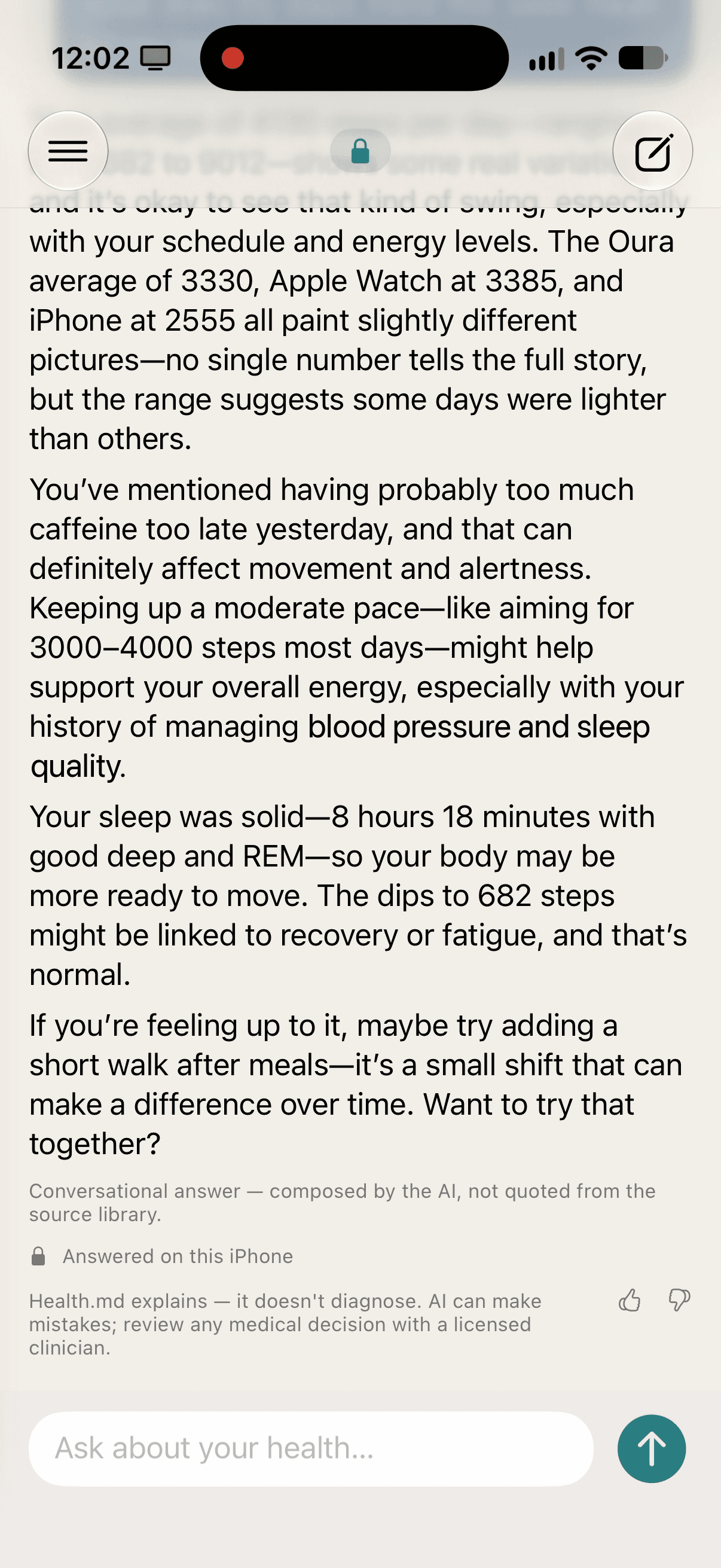 A Health.md answer explaining a step trend in plain language, ending with a note that it explains rather than diagnoses