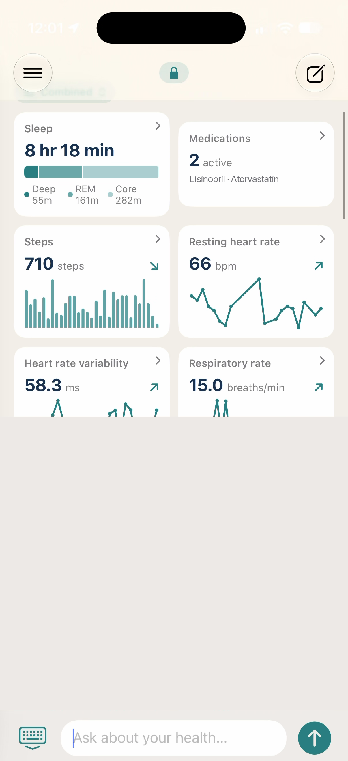 The Health.md home screen showing sleep, medications, steps, resting heart rate, heart rate variability and respiratory rate