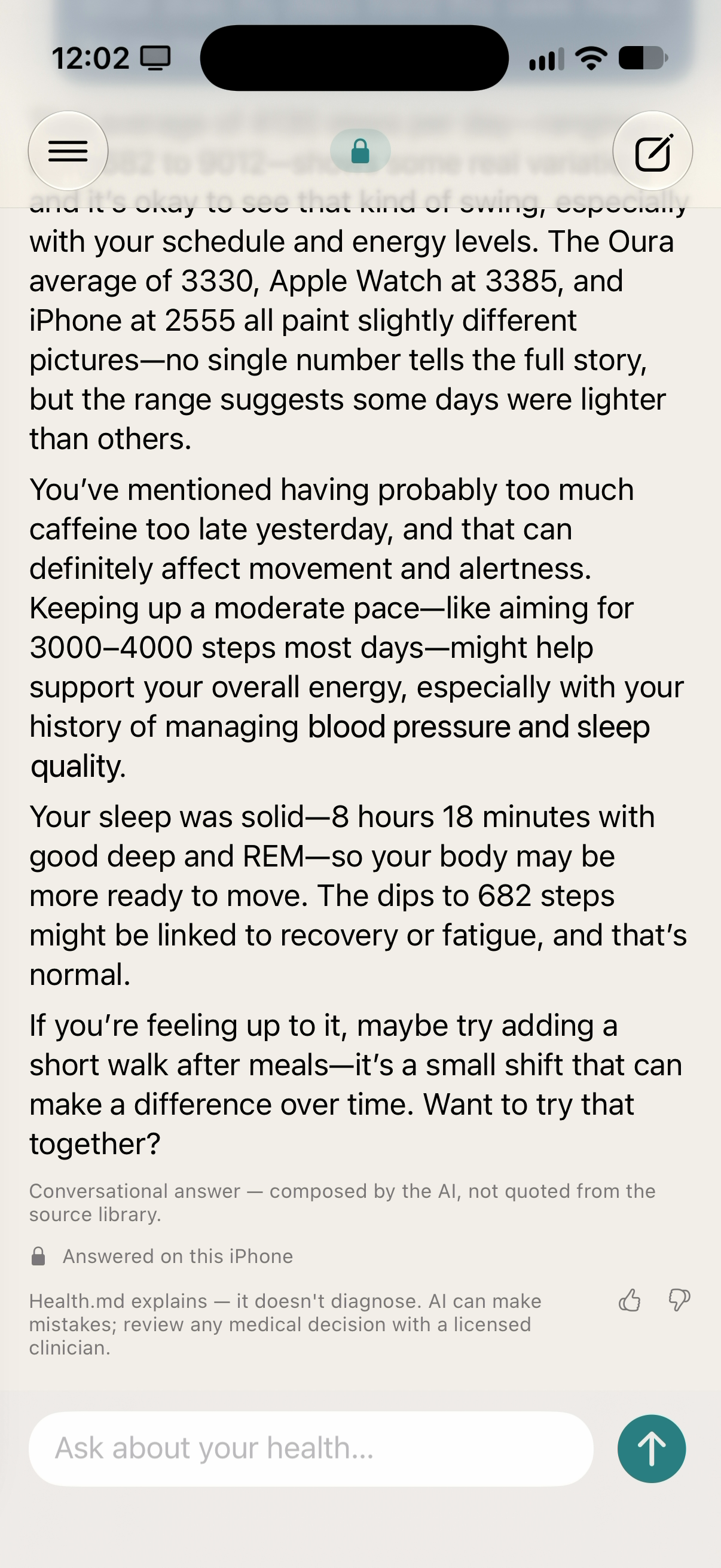 A Health.md answer explaining a step trend, ending with a note that it explains rather than diagnoses